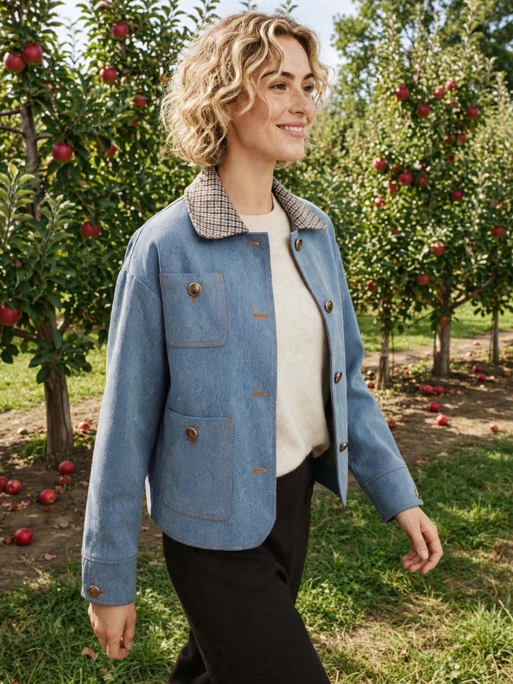 Sandro Light Blue Jean Jacket with Checked Contrast Collar size FR 42 or US 10.